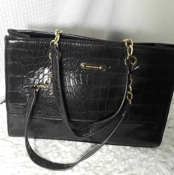 Anne Klein Black Leather Look Handbag Purse Chain - Picture 1 of 5